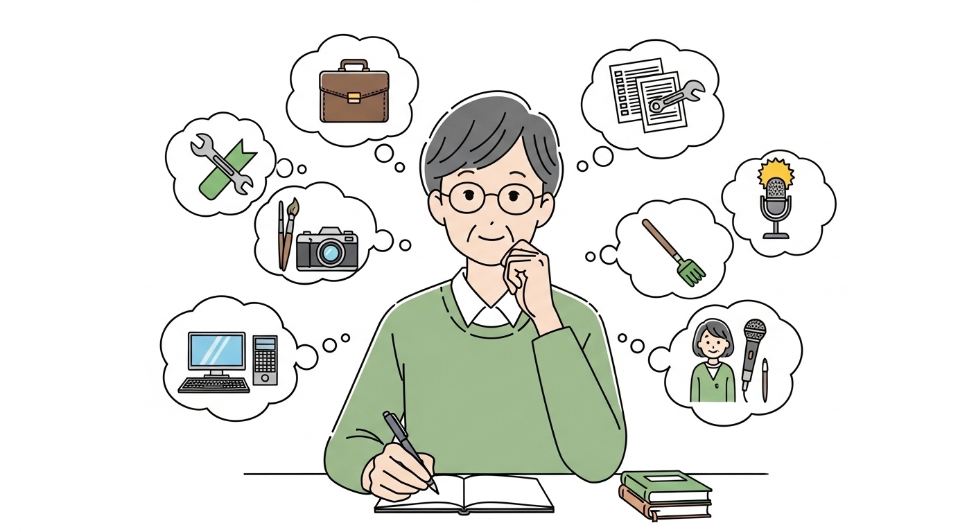 50대 시니어가 앉아서 자신의 과거 경험, 현재 취미, 미래 희망을 상징하는 아이콘들이 떠오르는 생각 풍선에 둘러싸여 강점과 열정을 탐색하는 모습.