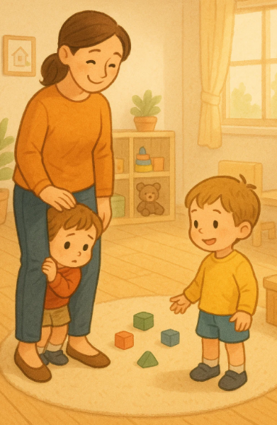 낯가림 중인 아이와 기다려주는 부모, 또래를 조심스럽게 바라보는 모습