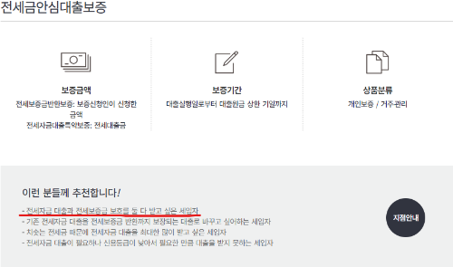 허그 홈페이지 자료 중 안심전세대출 소개
