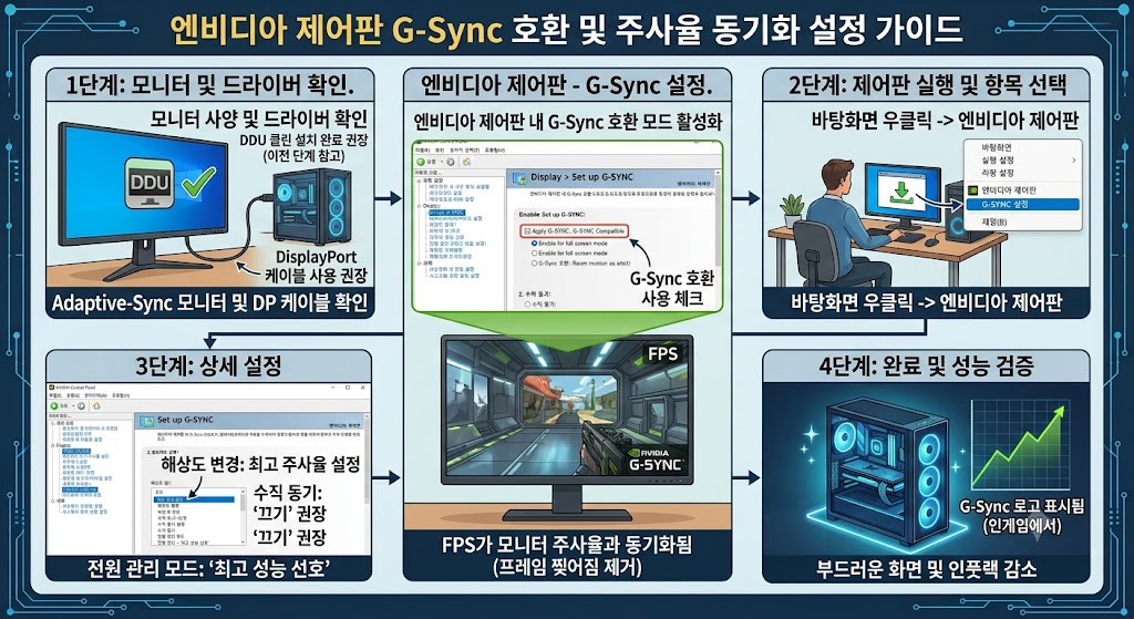 엔비디아 제어판의 G-Sync 설정 메뉴에서 전체 화면 모드로 설정하고 모니터 주사율을 맞추는 인터페이스 화면