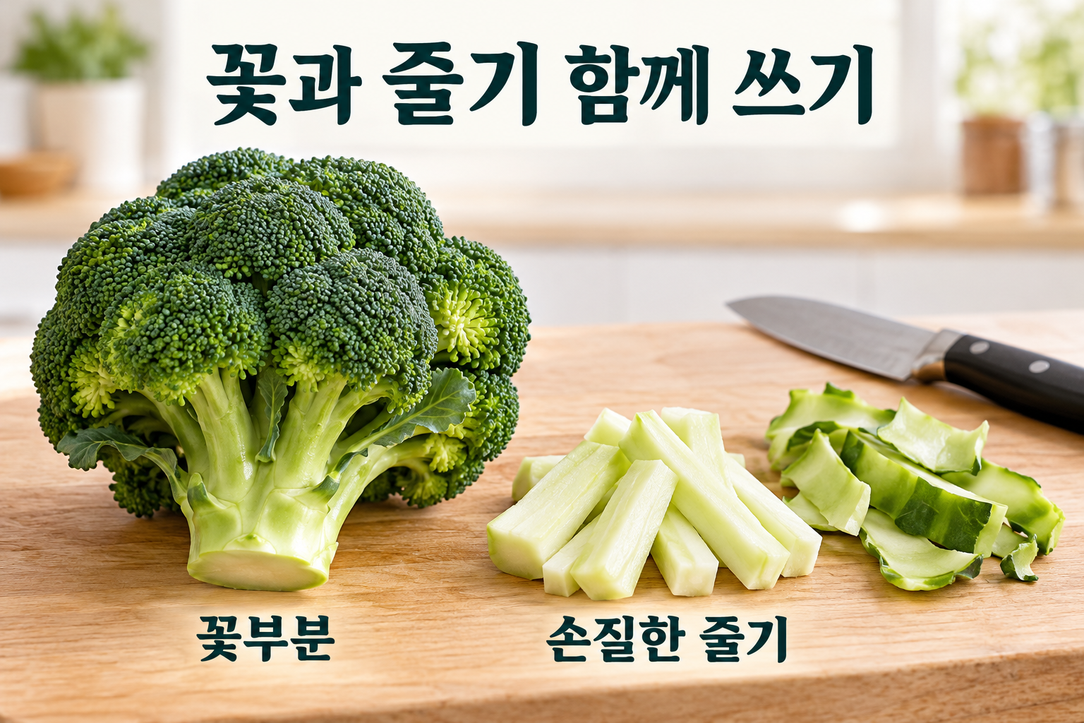 브로콜리 꽃부분과 겉부분을 손질한 줄기의 구분