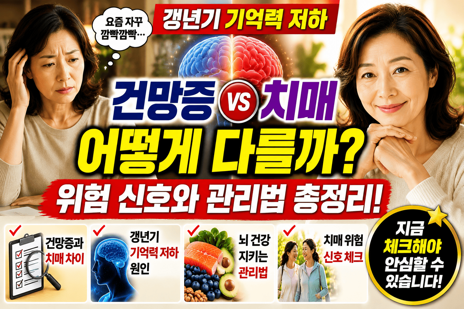건망증과 치매 차이 (갱년기 기억력 저하, 위험 신호, 관리법)