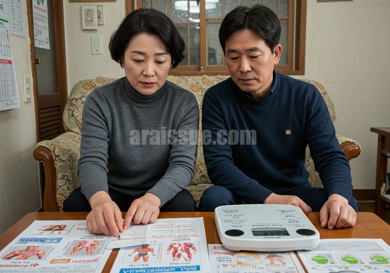 50대 중장년 부부가 체성분 저하와 건강 문제에 대해 진지하게 논의하는 장면