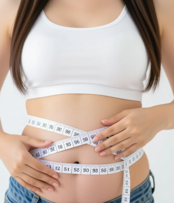 뱃살을 줄자로 재는 사진