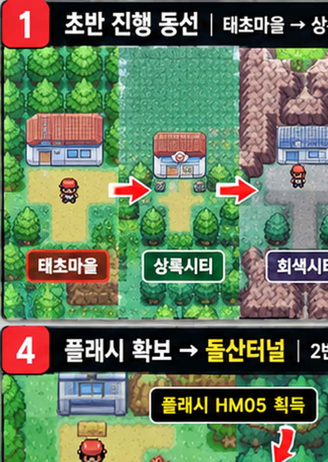 포켓몬스터 파이어레드 리프그린 태초마을 상록시티 회색시티 블루시티 갈색시티 초반 진행 순서