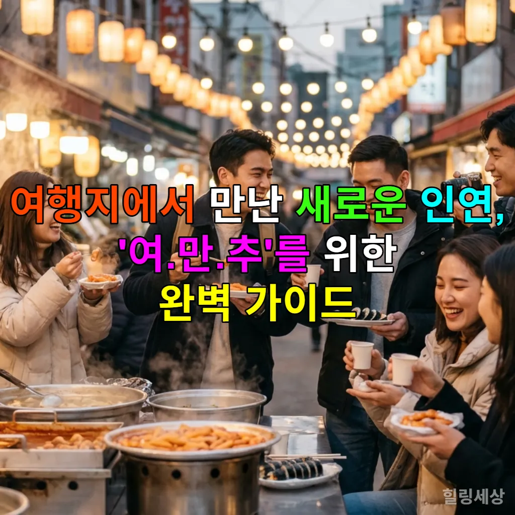 한국의 전통 시장에서 다양한 국적의 젊은 여행자들이 함께 식사하며 즐겁게 대화하는 모습
