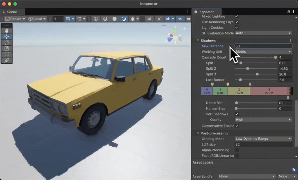 Unity Shadow Max Distance를 조정하는 모습