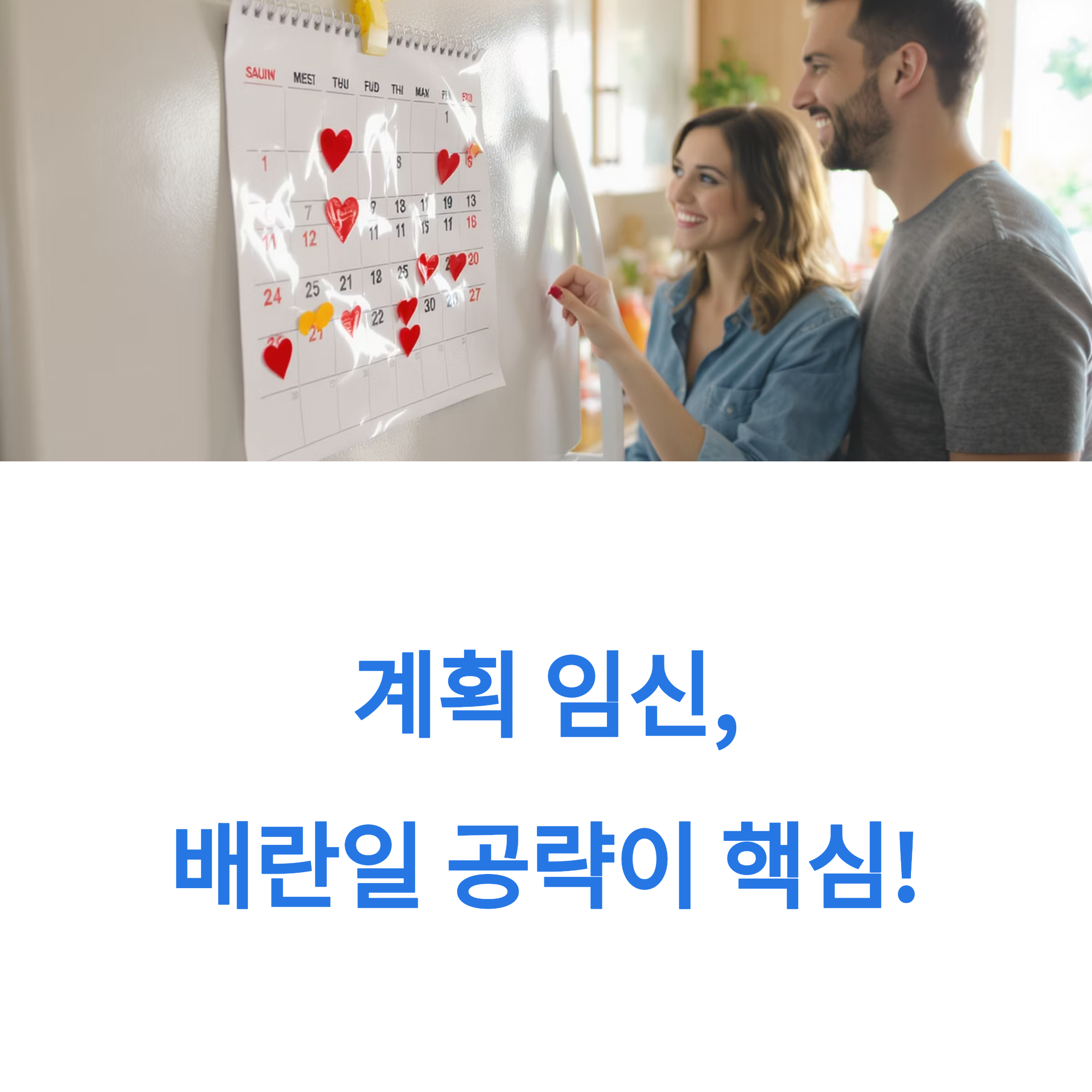 냉장고에 붙은 달력에 하트를 표시하며 배란일을 체크하는 부부의 모습과 함께 &ldquo;계획 임신, 배란일 공략이 핵심!&rdquo;이라는 문구가 적힌 인포그래픽 이미지