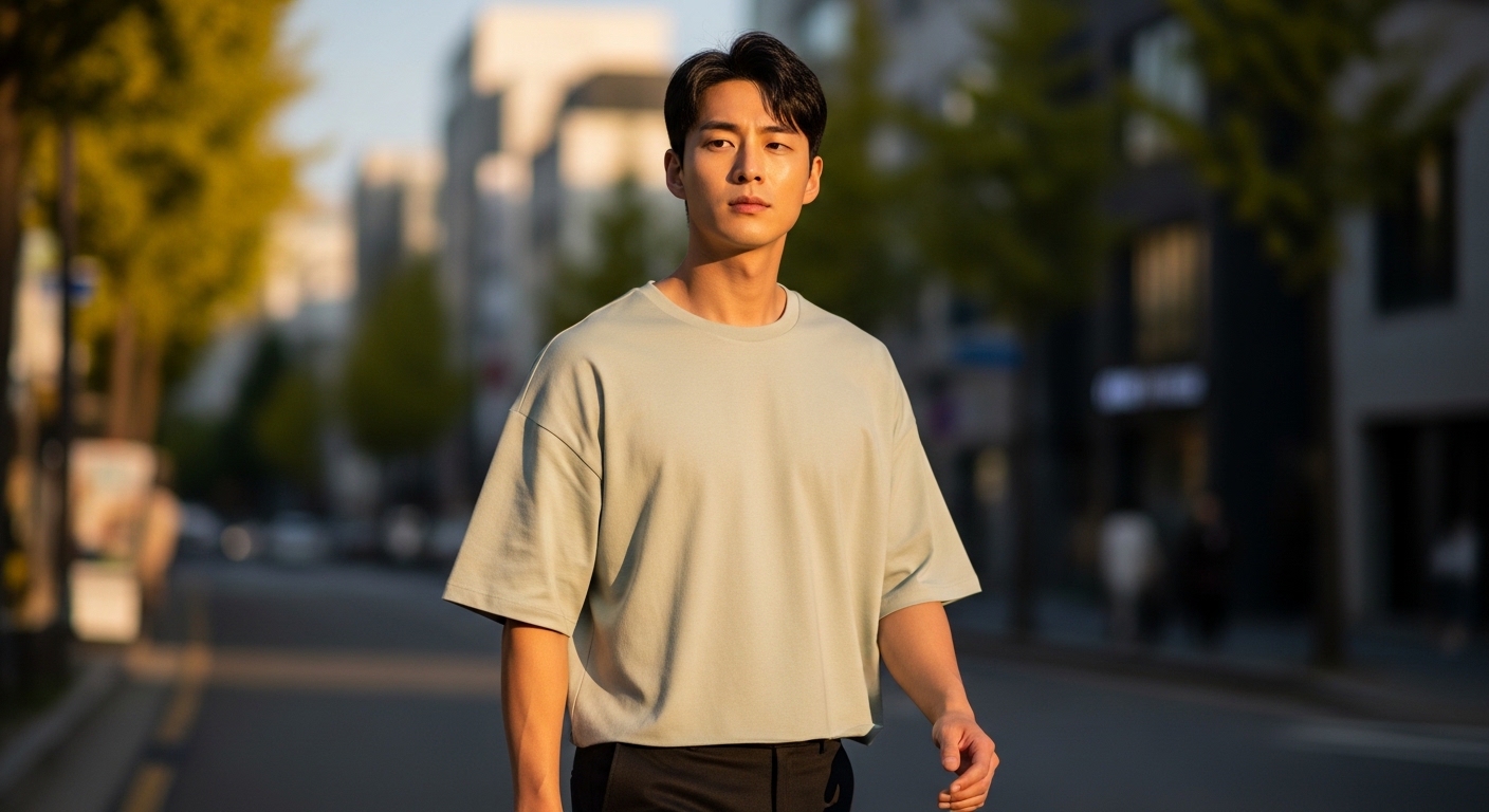 자연스러운 골반 라인 기장감의 세미 크롭 오버핏 반팔티 실루엣 연출