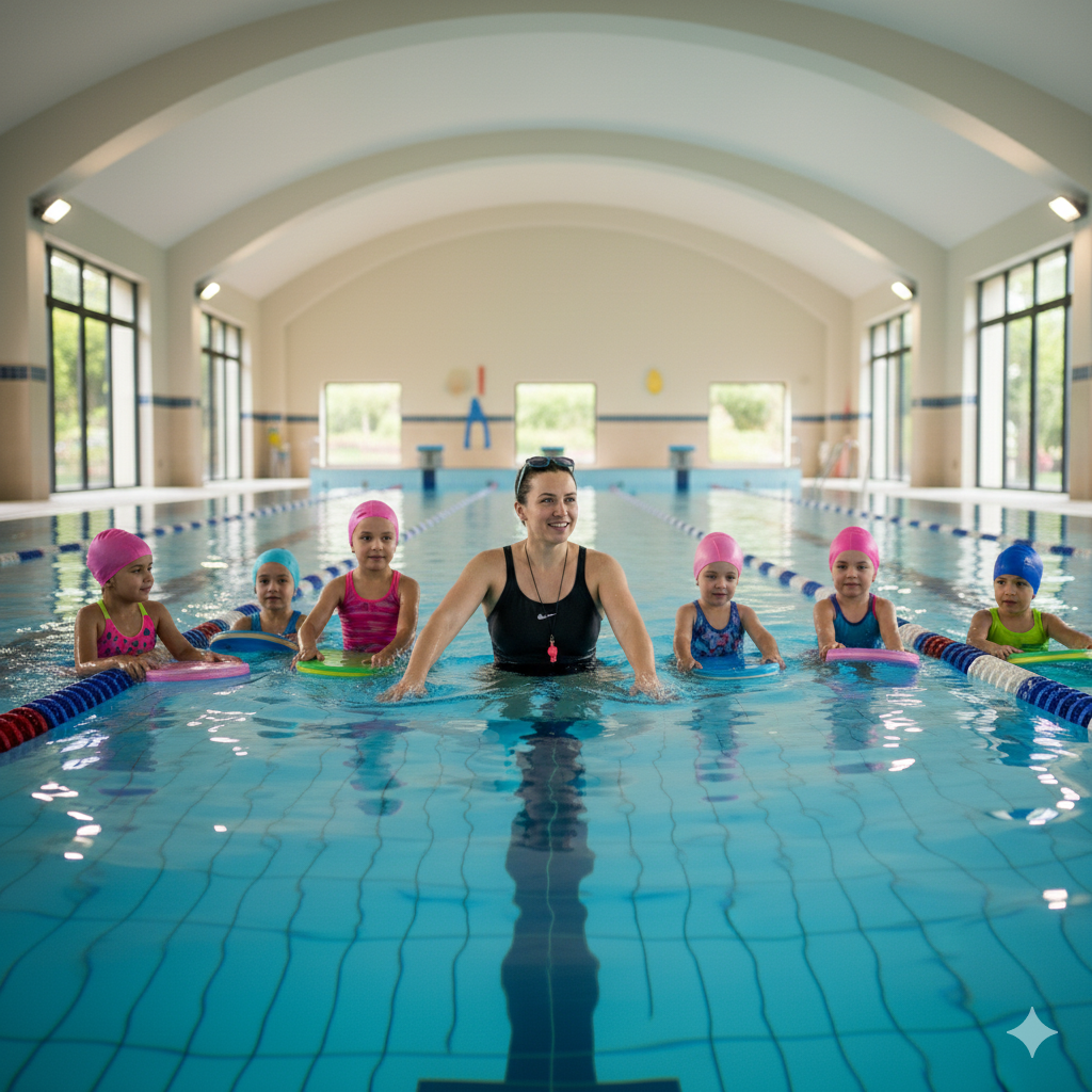 아이들이 수영강습 받는 모습