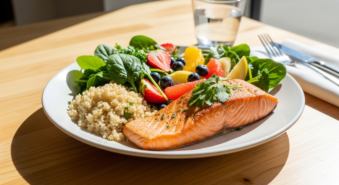 통곡물, 채소, 과일, 연어가 조화롭게 담긴 건강한 식단 접시, 마음 건강을 위한 균형 잡힌 식사를 상징합니다.