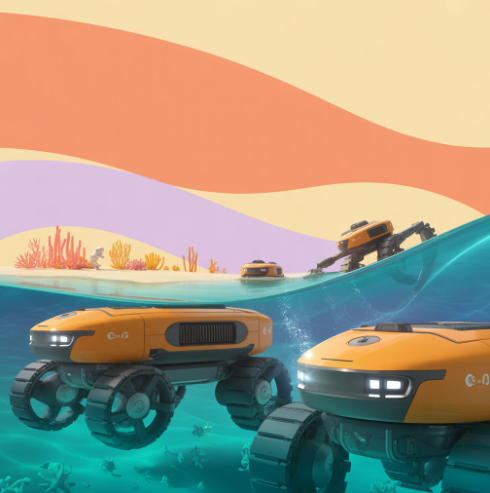 AI로봇이 환경보호를 위해 바다쓰레기 치우러 가는 모습 예시