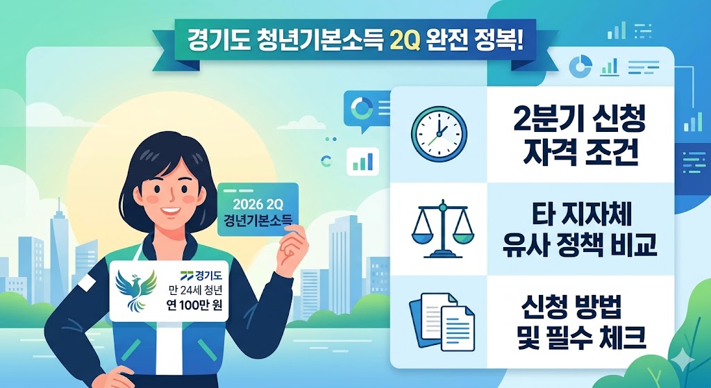 경기도 청년기본소득 2분기 완전 정복을 주제로 한 인포그래픽 썸네일입니다. 왼쪽에는 경기도 로고와 만 24세 청년 연 100만 원 지급 혜택이 담긴 지역화폐 카드를 든 청년의 모습이 그려져 있습니다. 오른쪽에는 '2분기 신청 자격 조건', '타 지자체 유사 정책 비교', '신청 방법 및 필수 체크'라는 세 가지 핵심 소제목과 시계, 저울, 서류 아이콘이 세로로 나열되어 정보를 구조적으로 보여줍니다.