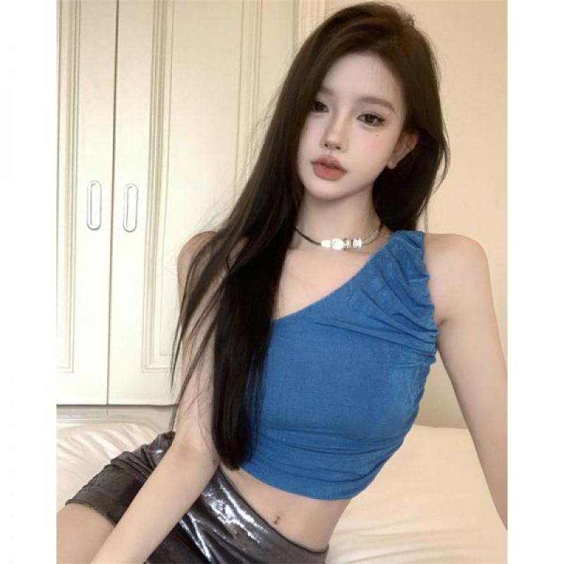 블루 민소매 오프숄더 주름 캐미솔 크롭 탑