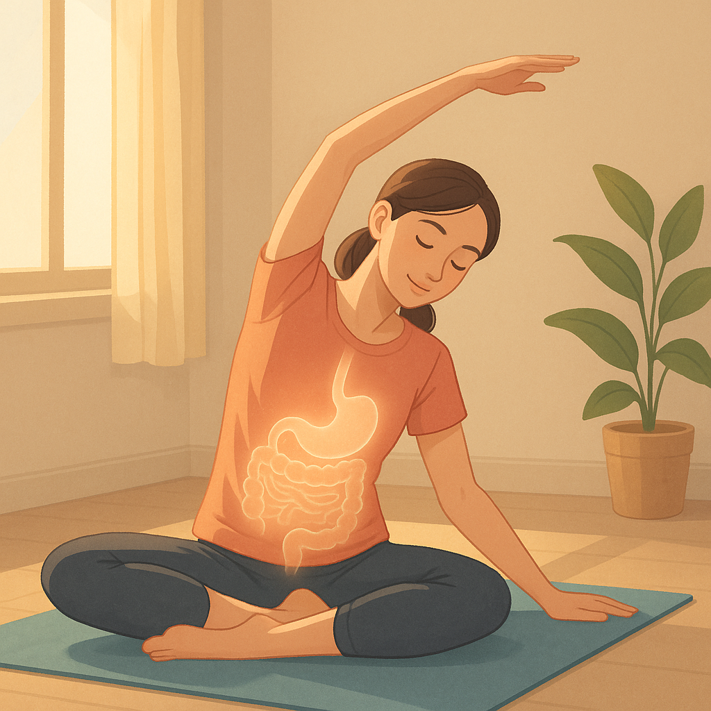 햇살-드는-방에서-요가매트에-앉아-스트레칭을-하는-여성이-복부에-소화기관을-상징적으로-표현한-이미지로-스트레칭이-소화에-도움-되는-원리를-나타낸-장면