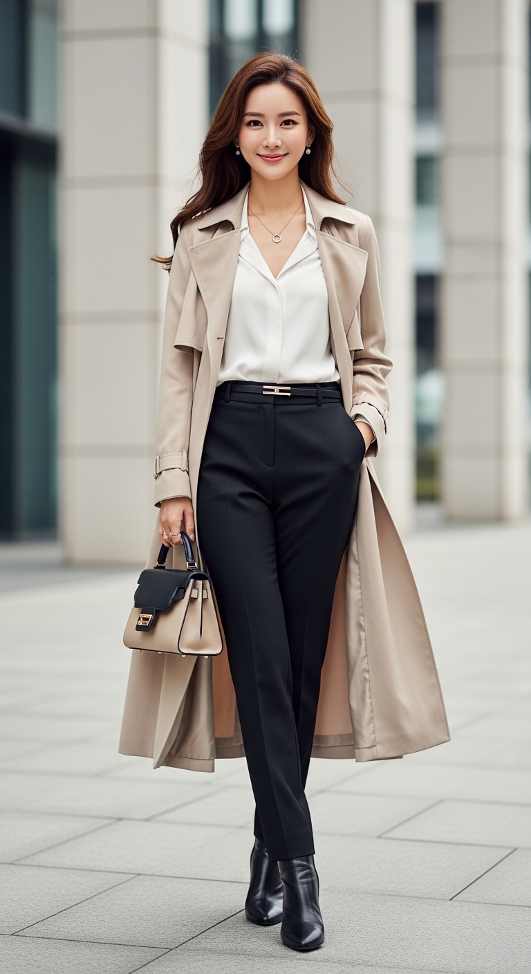베이지, 화이트, 블랙 컬러로 매치한 세련된 전신 코디 사진