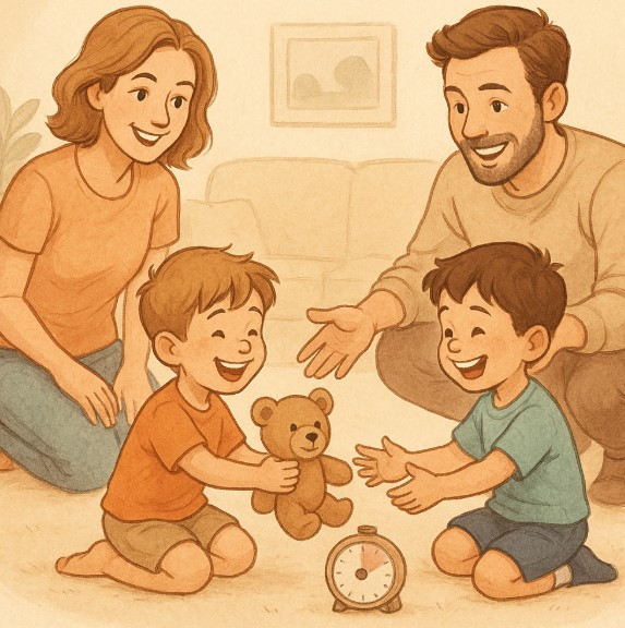 따뜻한 거실에서 아이들과 함께하는 가족의 놀이 시간