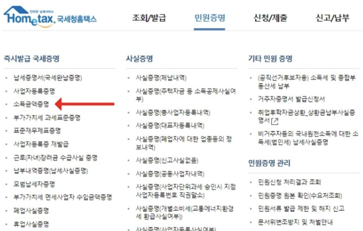 손택스 소득금액증명원