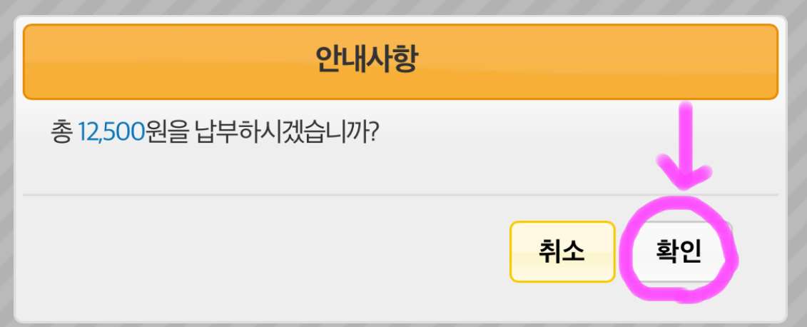 납부할 금액이 맞는지 확인 후 확인을 눌러 줍니다.