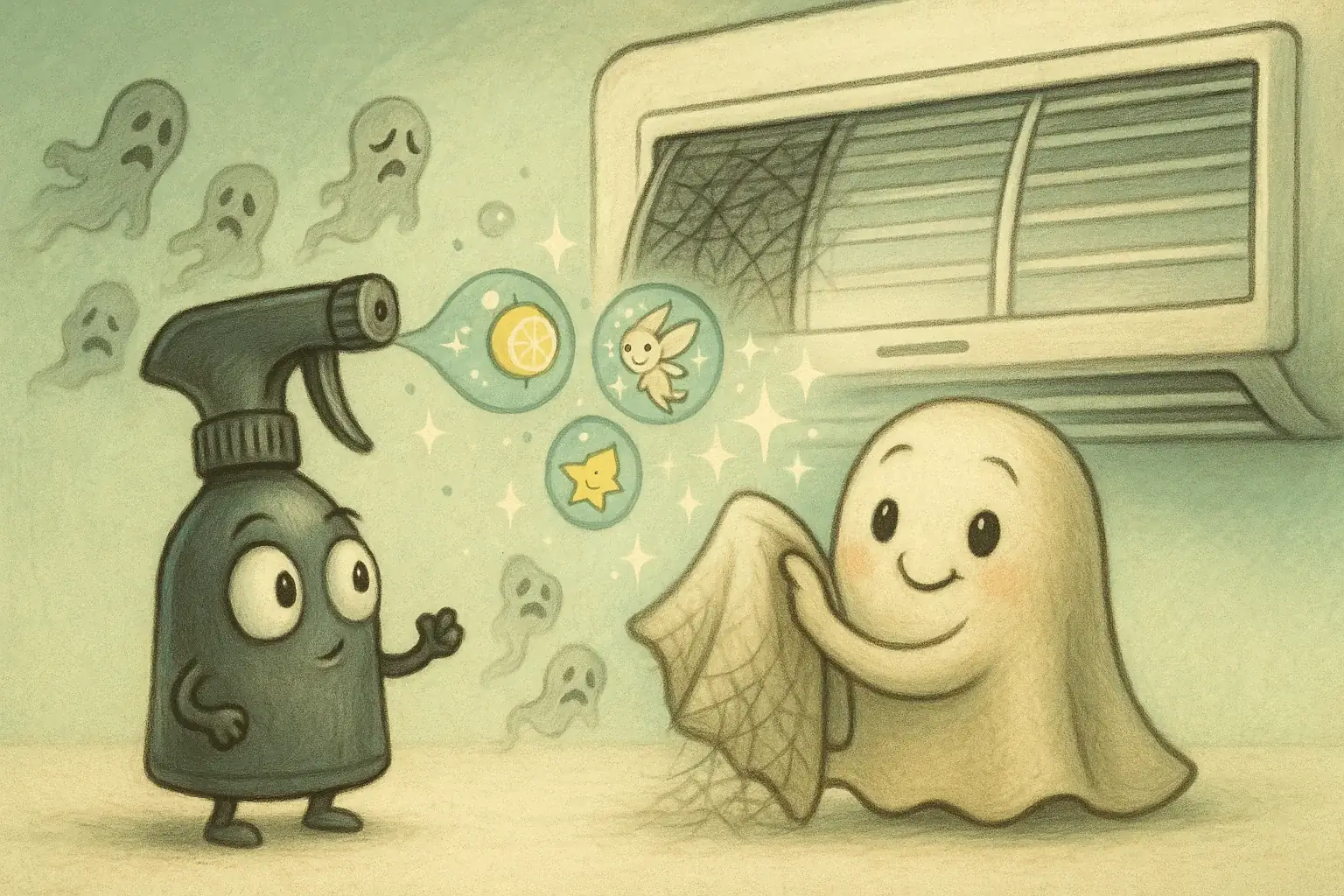 에어컨을 깨끗이 청소하는 캐릭터와 향기 나는 스프레이가 함께 등장하는 따뜻한 팀 버튼풍 일러스트