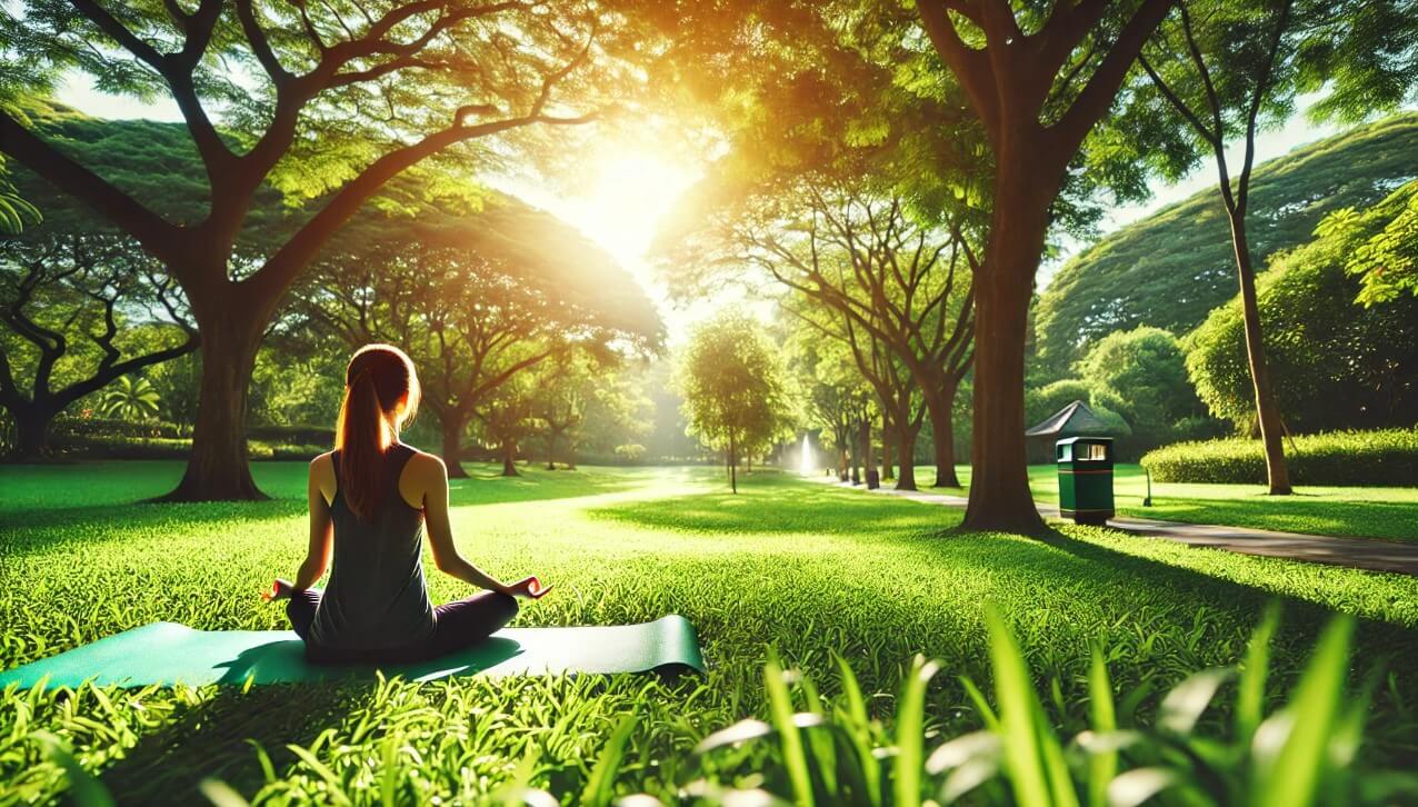 화창한 날 공원에서 명상하고 있는 여성 사진