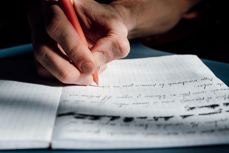Close-up of a person's hand writing with a pen in a notebook, showcasing detailed calligraphy.
