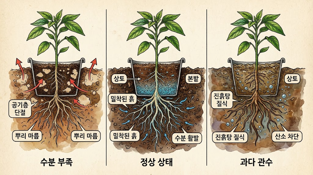 물주기 방식에 따라 포트 상토와 밭 흙이 밀착되는 정상 상태와 공기층이 남아 단절된 상태를 대조한 인포그래픽