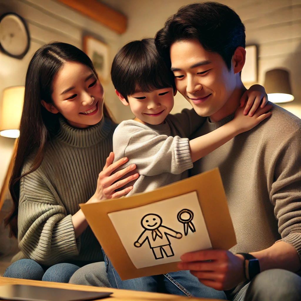 집에서 아이가 성취물을 손에 들고 부모의 사랑스러운 포옹과 격려를 받는 장면. 아늑한 조명과 따뜻한 분위기가 행복과 자부심을 강조.