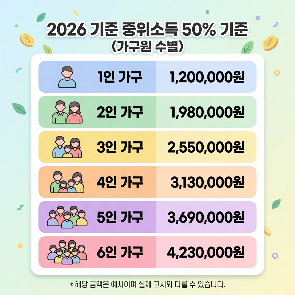 2026 기준 중위소득 50% 가구원수별 금액 표