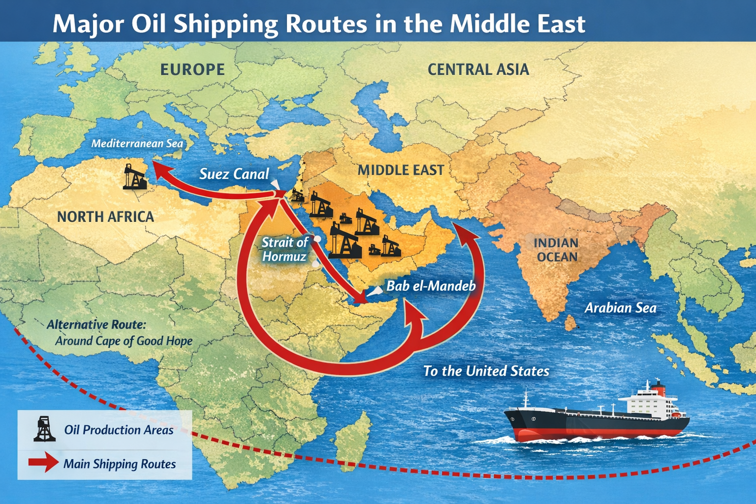 중동에서 석유 이동 인포그래픽