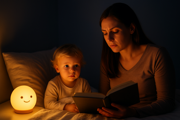 &quot;이불 속에서 잠을 안 자고 버티는 아이와 지쳐 보이는 엄마의 모습&quot;