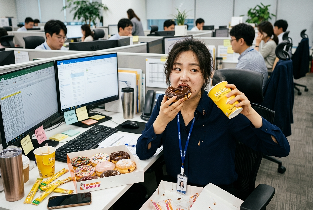 점심을 먹고도 오후에 달콤한 도넛과 믹스커피를 미친 듯이 먹고 있는 직장인의 모습