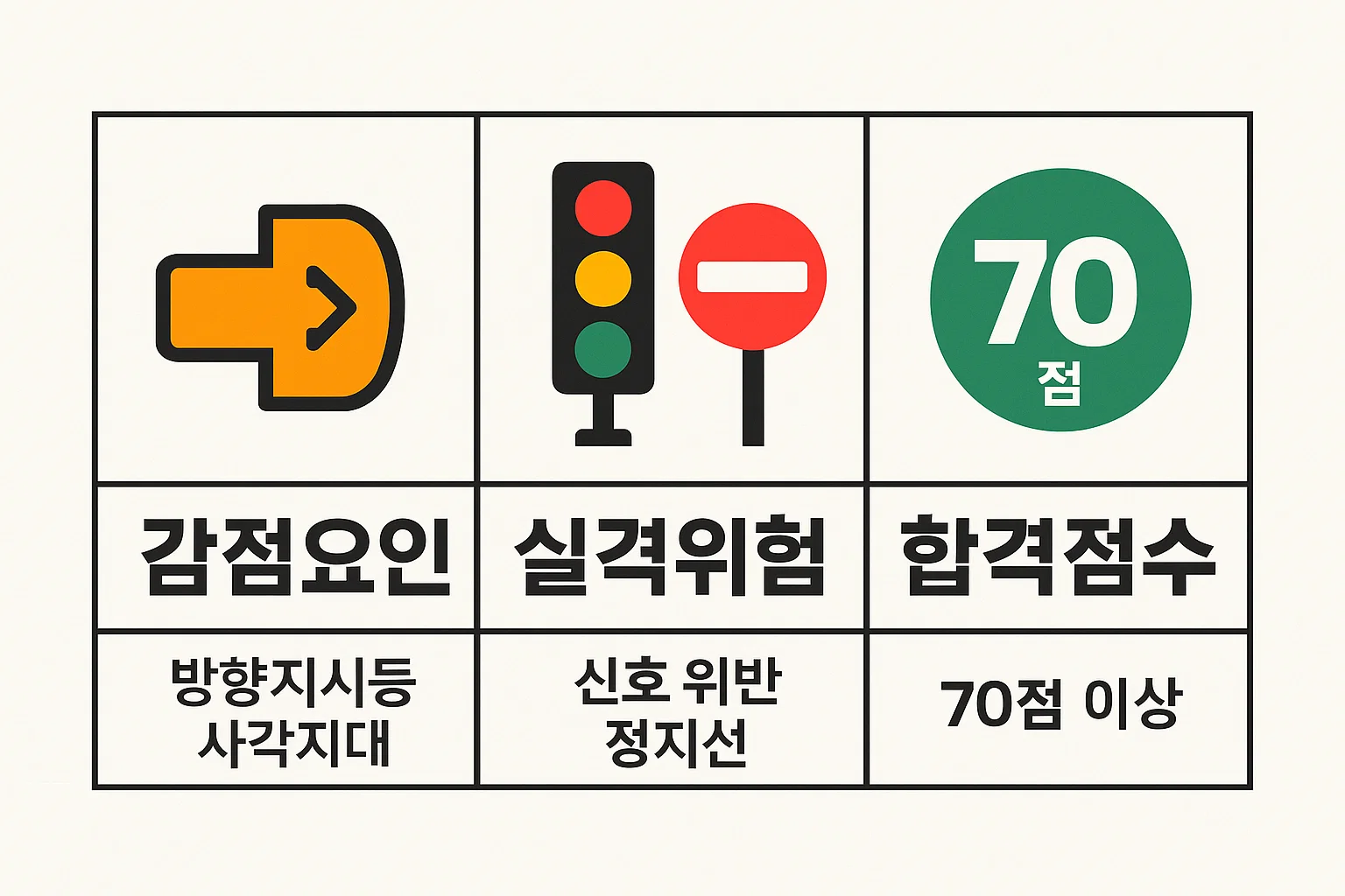 운전면허 도로주행 시험에서 감점요인과 실격위험 항목을 정리하고 합격점수 70점 이상을 충족해야 하는 조건을 설명한 채점 기준 인포그래픽