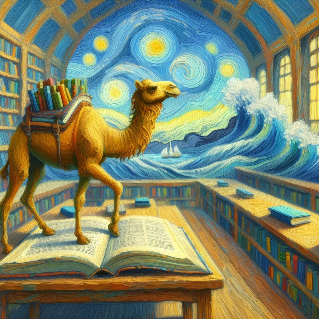 사막 속 파도치는 도서관에서 책장을 넘기는 낙타 - 초현실&amp;#44; 반고호스타일&amp;#44; 임파스토