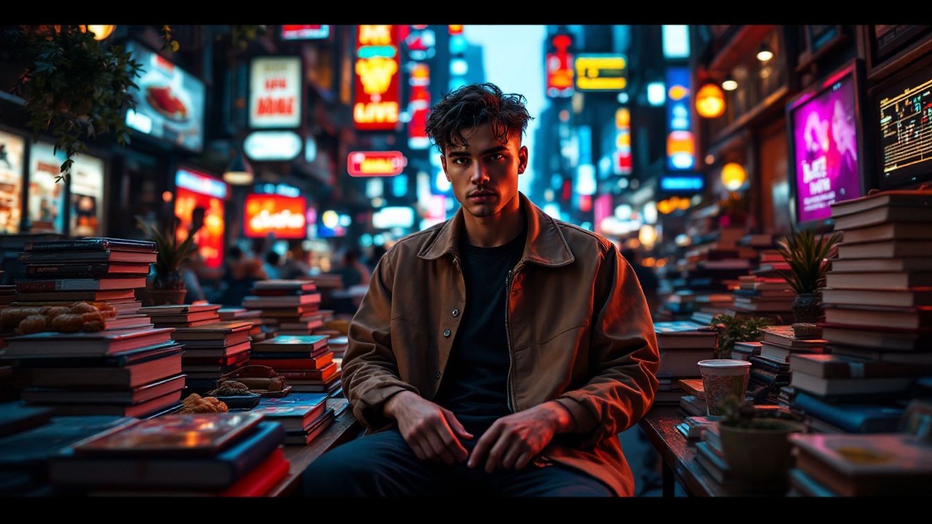 도시의 북적이는 문화 속에서 다양한 책과 콘텐츠를 마주한 옴니보어 스타일의 남성