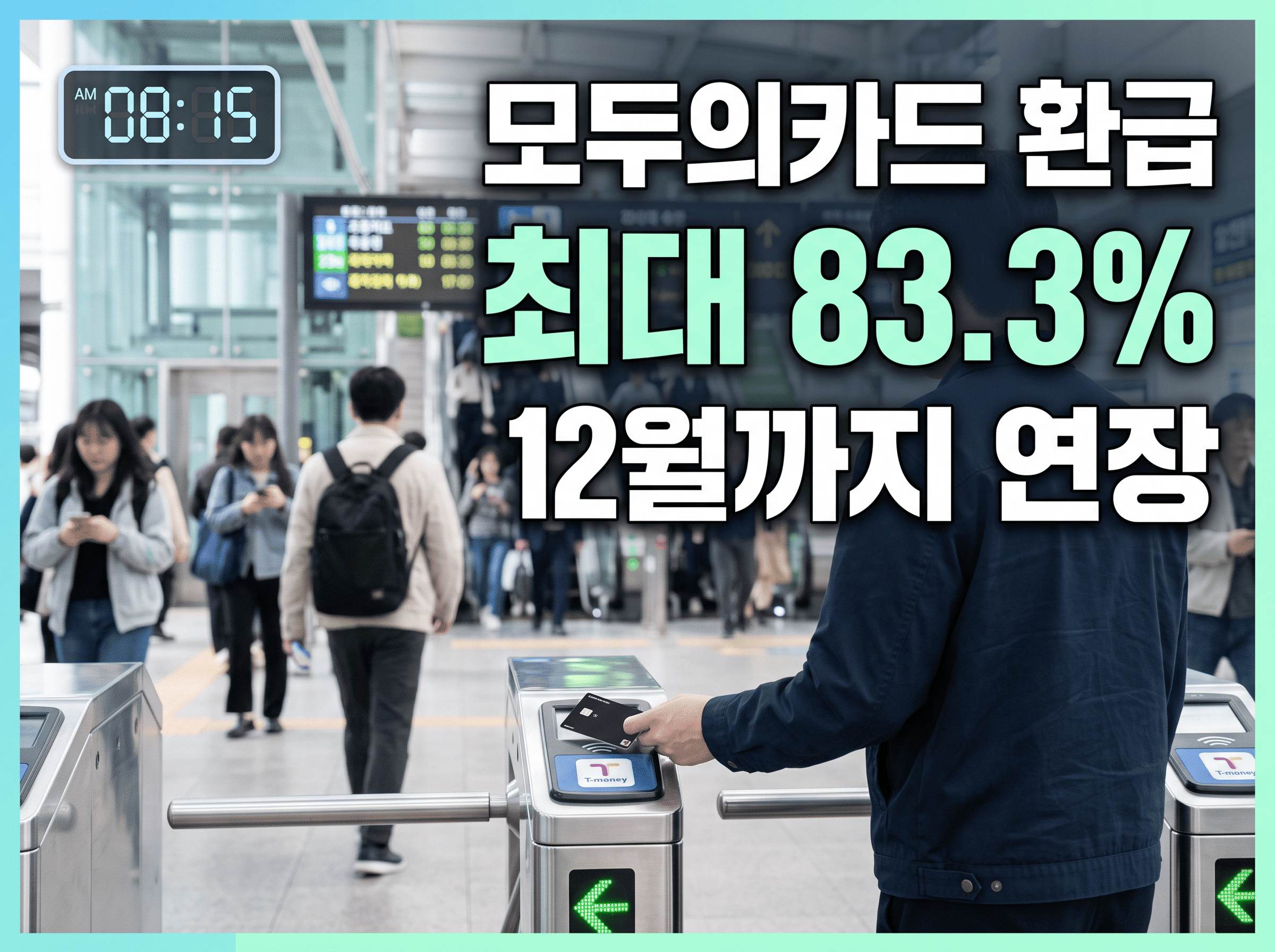 지하철 개찰구에서 교통카드를 태그하는 출근 모습과 모두의카드 환급 최대 83.3% 안내
