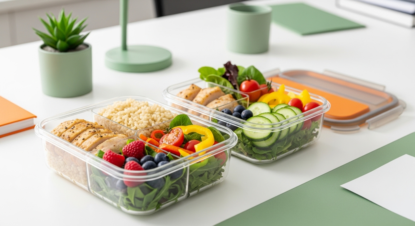 구운 닭가슴살, 현미밥, 신선한 채소 샐러드, 베리류로 구성된 직장인 맞춤형 건강 도시락. 영양 균형이 잘 잡힌 식단을 보여준다.