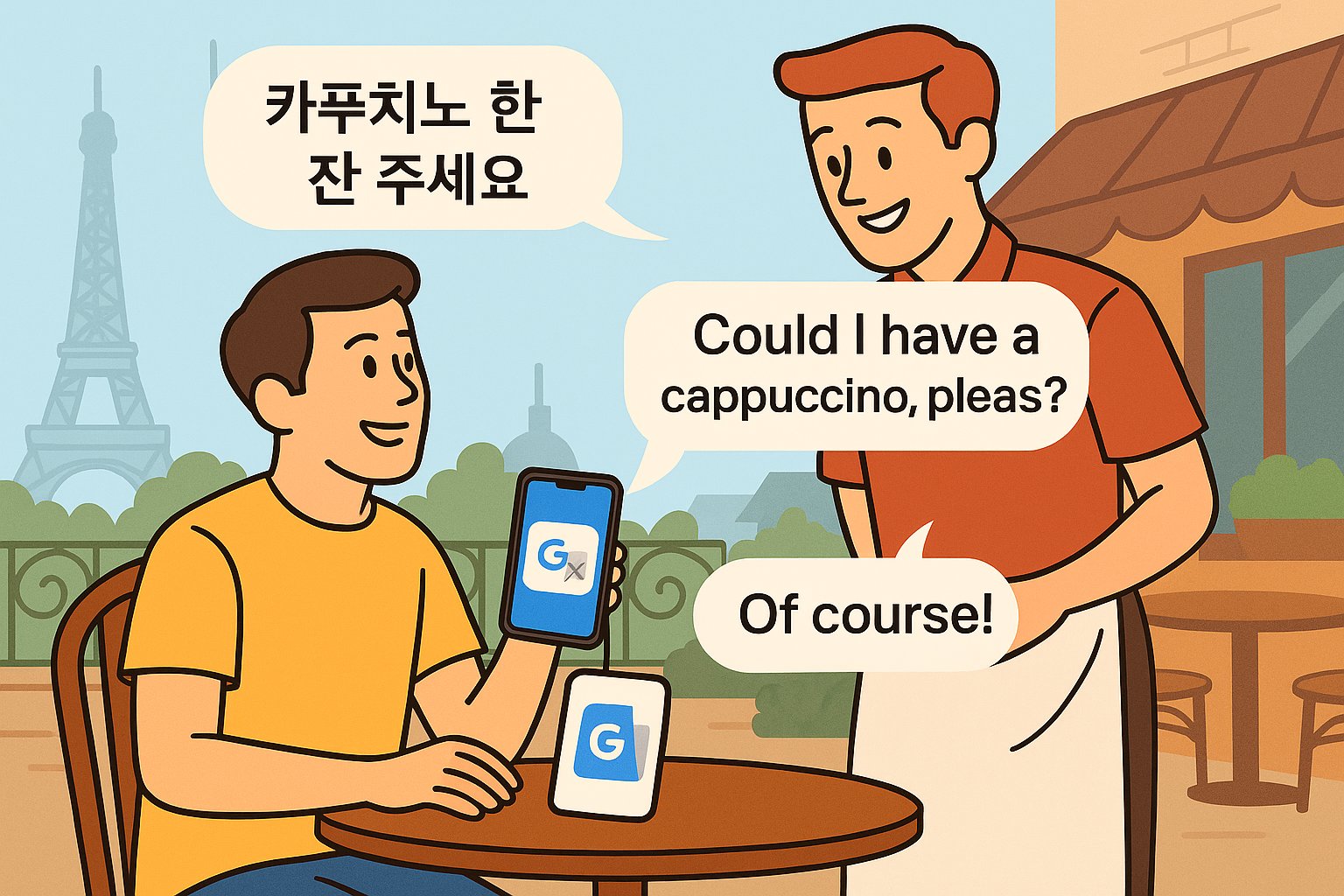 한국인 여행자가 파리 에펠탑 앞 카페에서 구글 번역 앱으로 카푸치노를 주문하는 모습