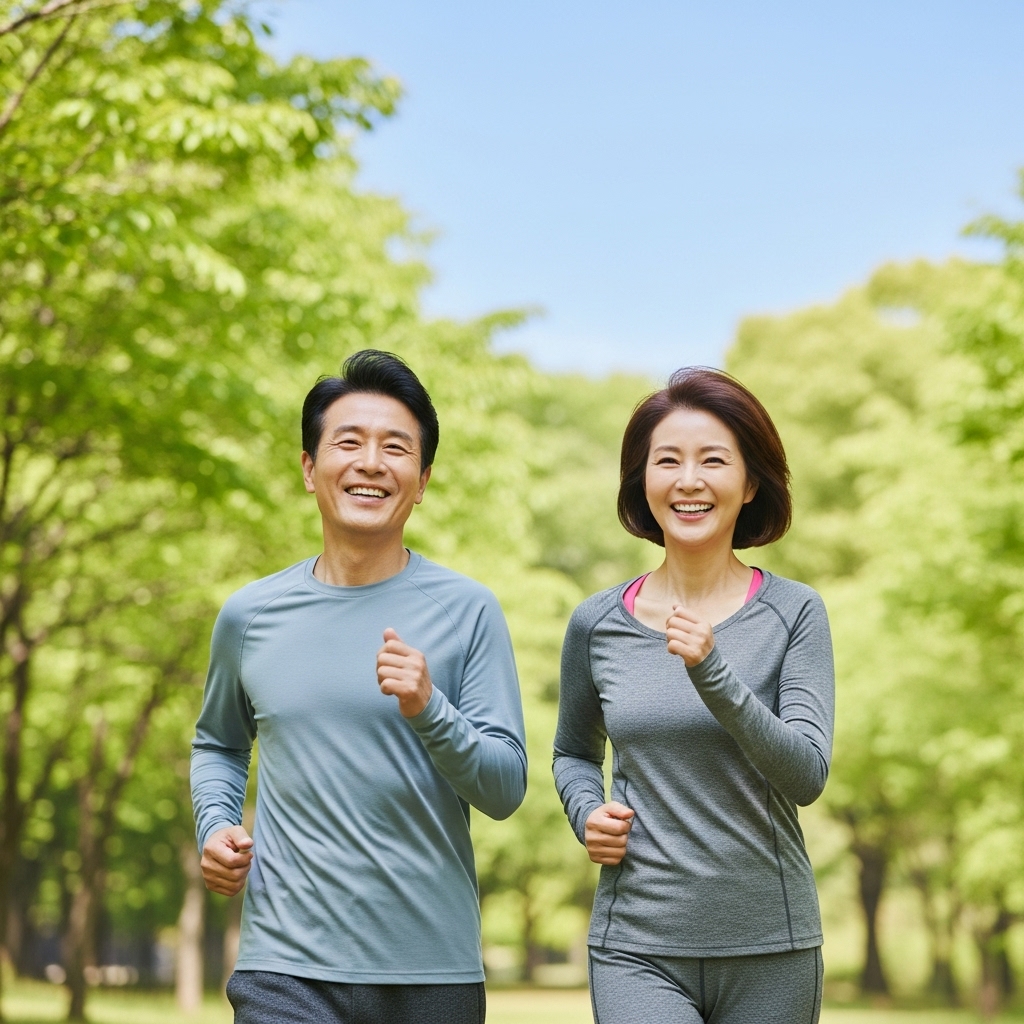 푸른 공원에서 활기차게 조깅하는 중년 남녀, 건강하고 젊은 에너지를 발산하는 모습