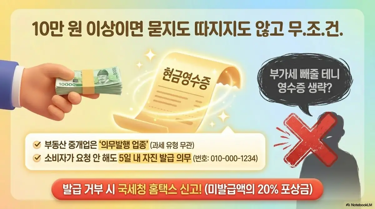 부동산 중개수수료: 부동산 중개업은 10만 원 이상 현금 거래 시 현금영수증 의무발행 업종이며 발급 거부 시 국세청 홈택스 신고가 가능하다는 내용을 설명한 인포그래픽 이미지. 이 이미지는 현금영수증 의무발행 규정과 미발급 시 신고 방법 및 포상금 정보를 시각적으로 전달하며&amp;#44; 블로그의 중개수수료 현금영수증과 관련된 내용을 설명함