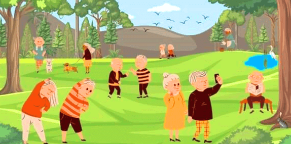 공원에서 노인들이 신나게 운동하고 산책하며 노는 그림으로 모두가 활기차 보인다.