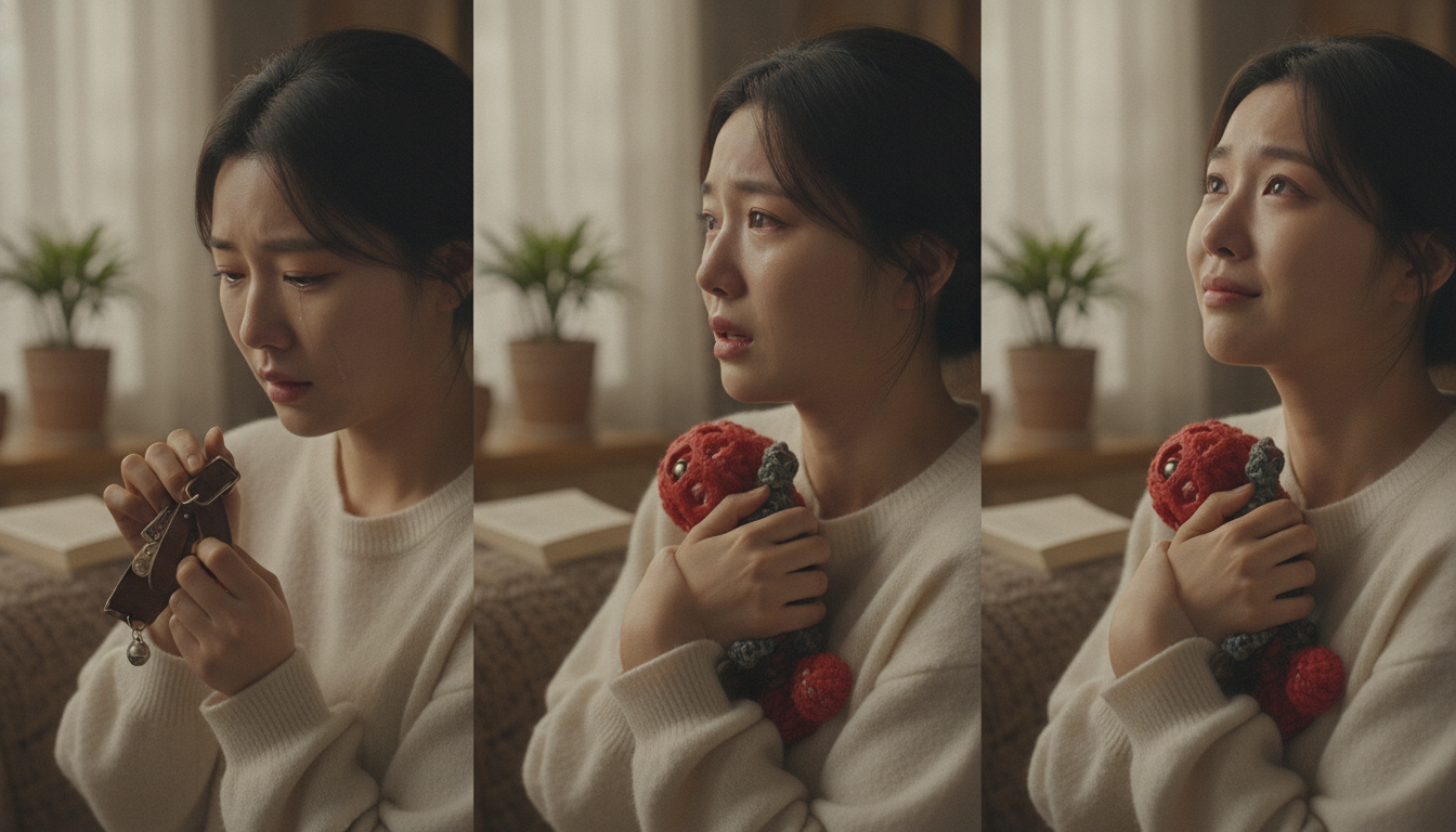 사랑하는 반려동물을 잃은 슬픔을 표현하며 눈물을 흘리는 한국 여성의 모습