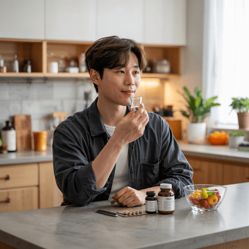 비타민C 영양제를 먹고 있는 남자