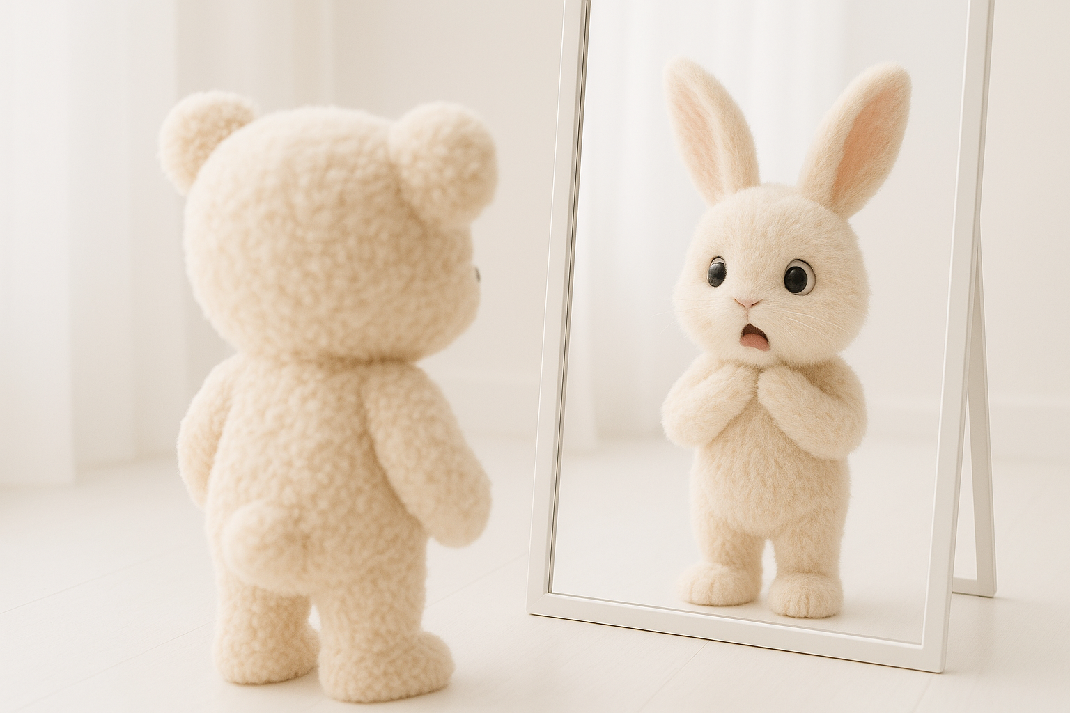 토끼가 거울을 보고 자신의 모습이 곰돌이로 바뀐걸 보고 놀라는 이미지