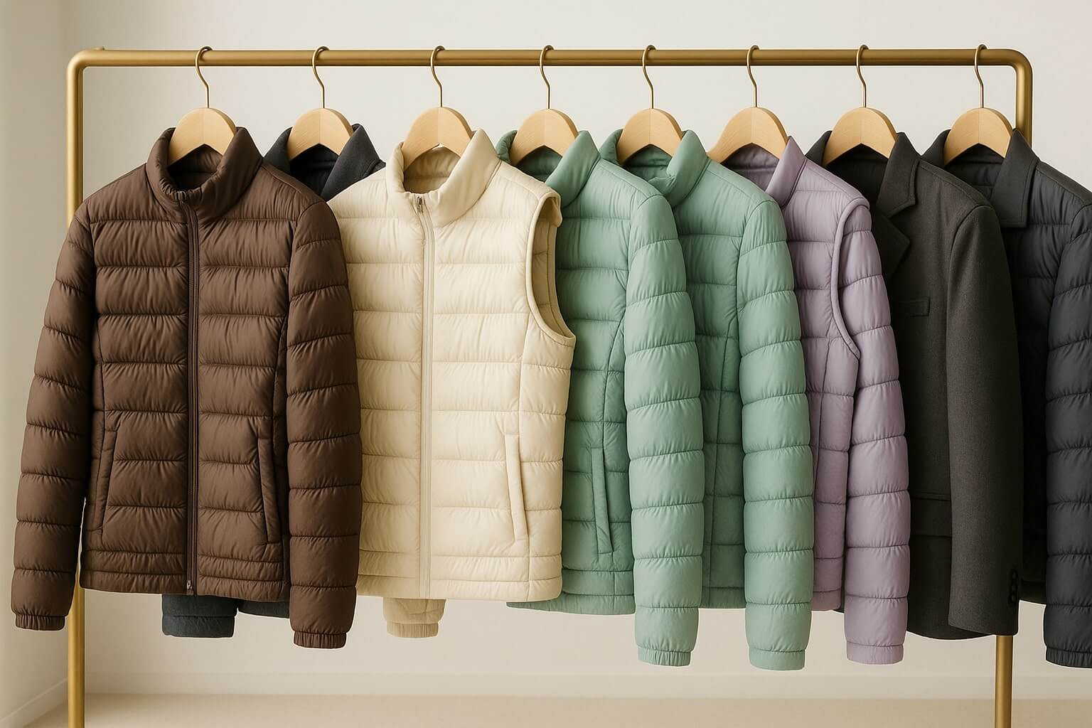 다양한 색상과 디자인의 경량패딩이 옷걸이에 걸린 쇼룸 장면
