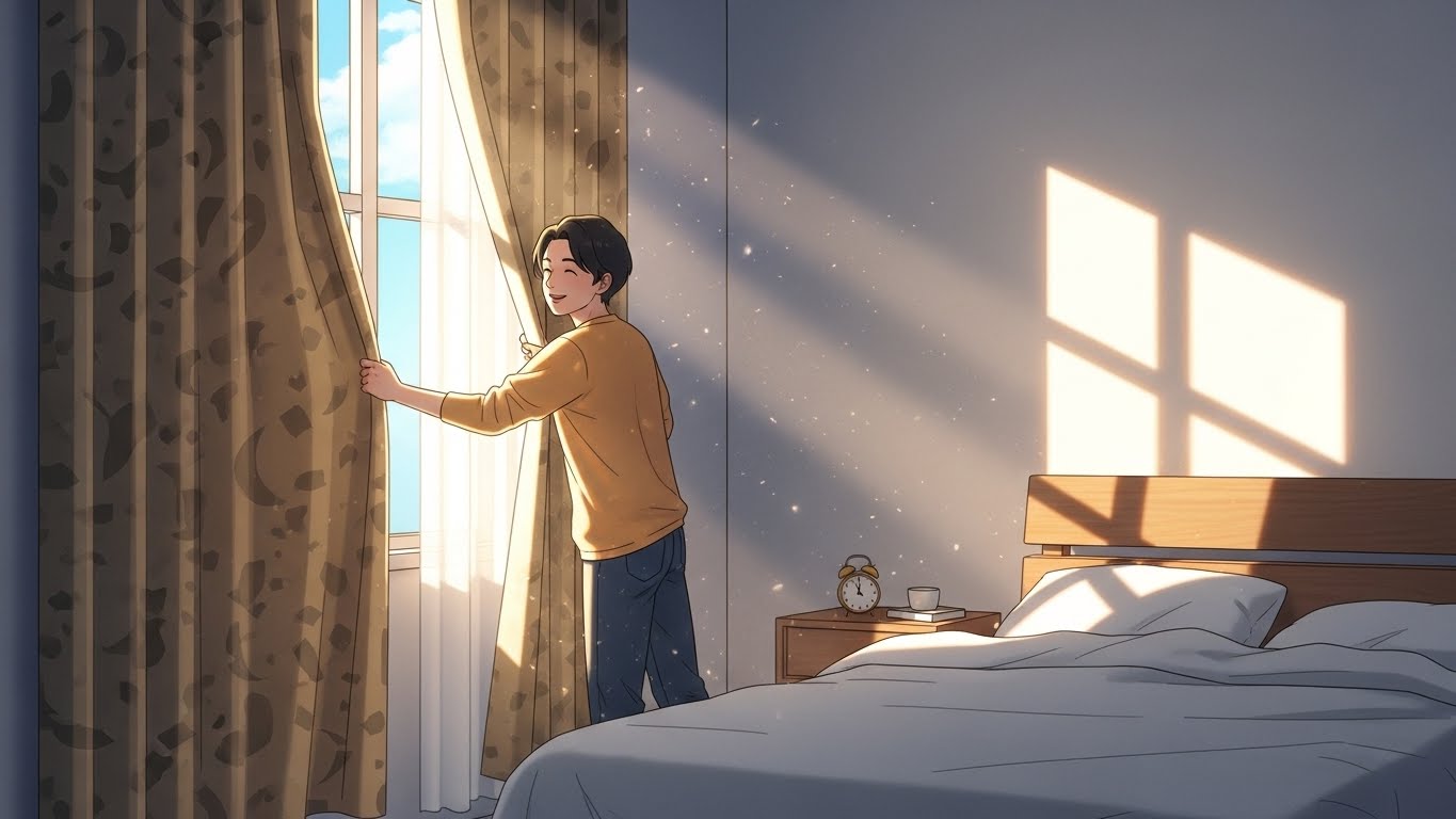 Person opening curtains to receive natural morning sunlight, a Korean wellness habit that supports better energy and regulates the body&rsquo;s internal clock.