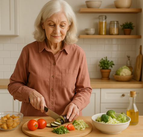 저염식 요리를 준비하는 노년기 여성