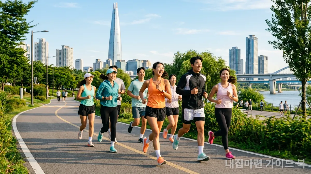 도시 공원에서 함께 달리는 젊은 한국인 러닝 크루