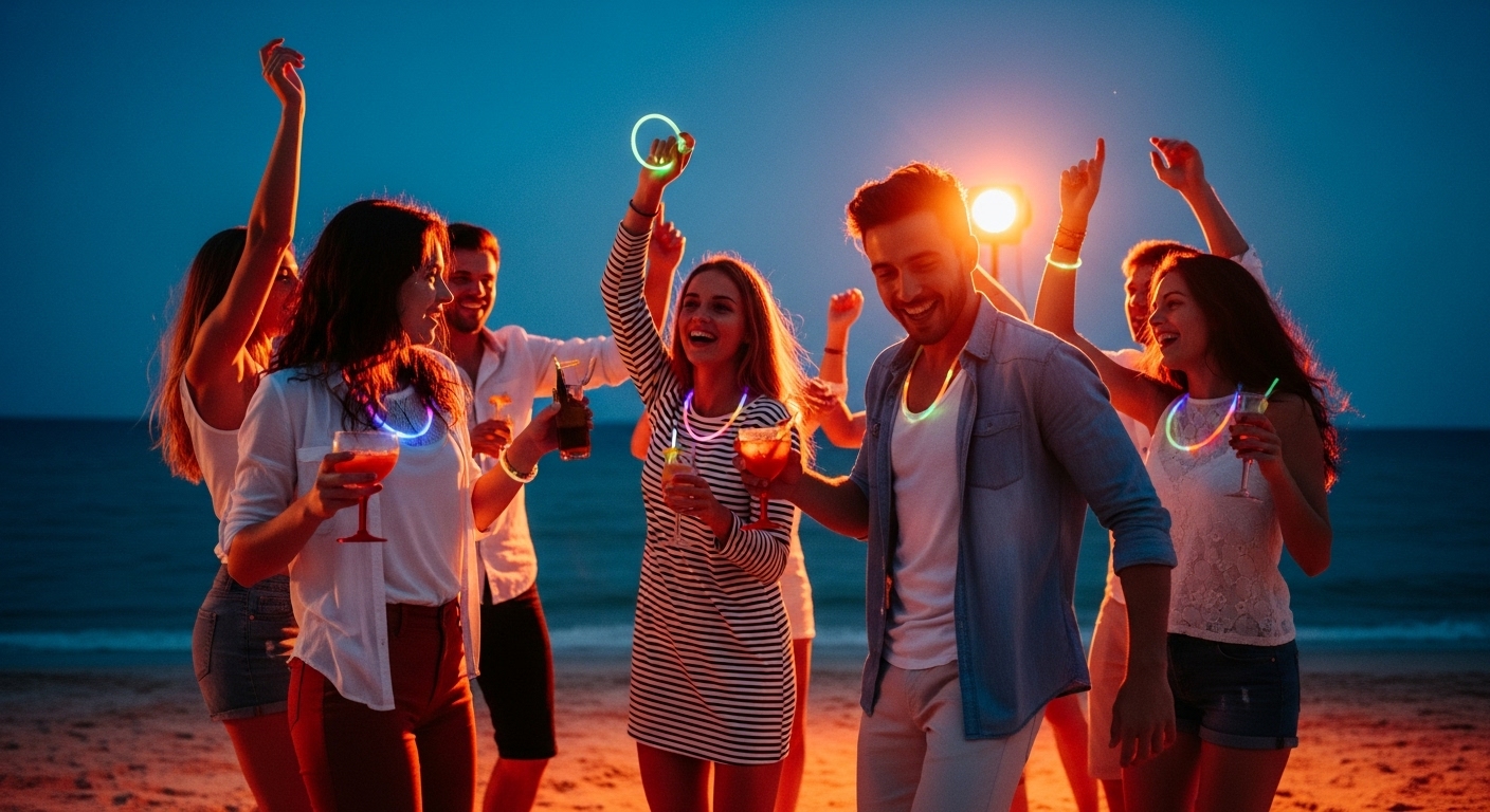Young people partying on a beach under colorful lights.