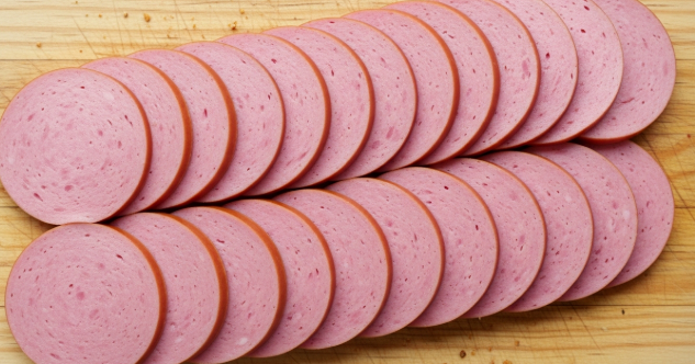 도마 위에서 분홍색 소시지를 일정한 간격으로 정갈하게 썰어 나열한 모습